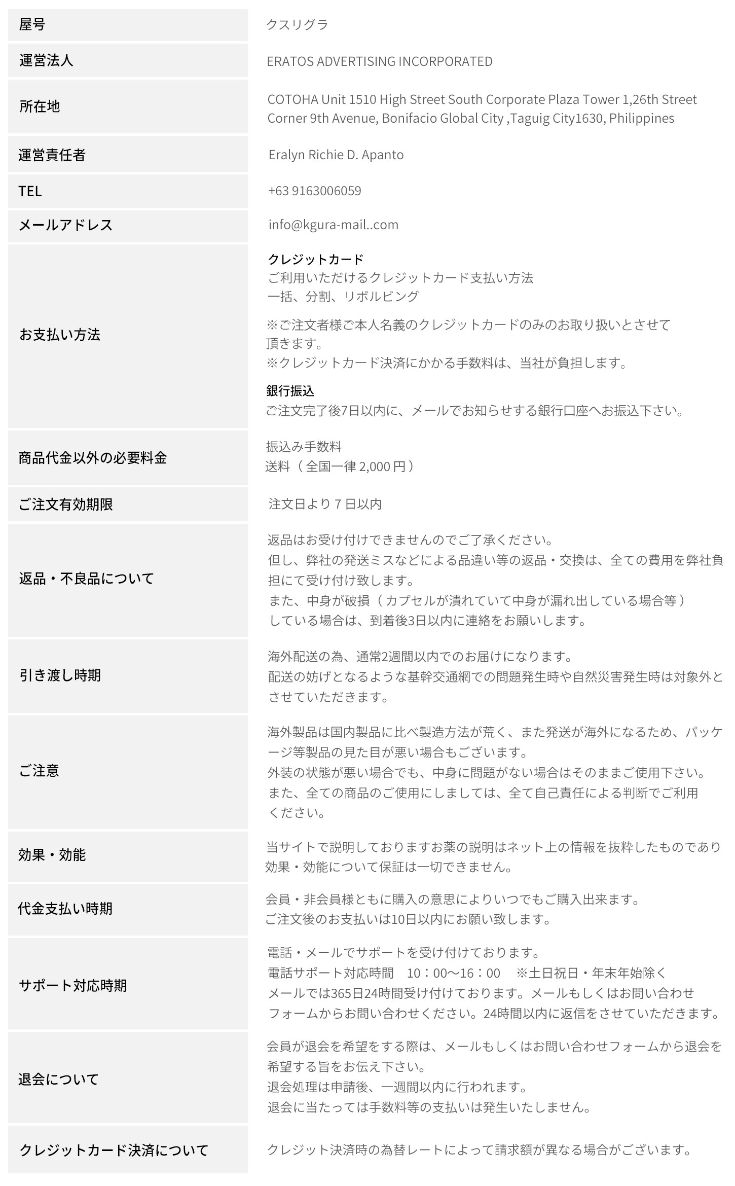 クスリグラ特定商取引法に基づく表記